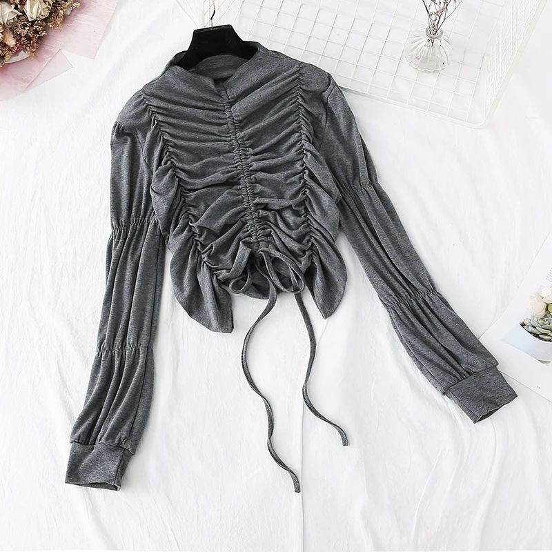 

Новинка 2021, модная женская плиссированная футболка с кулиской на весну и осень, женская футболка с полувысоким воротником