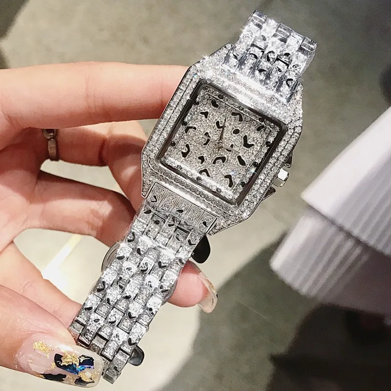Dimini Square Leopard Print Dot-set Women's Watch Stainless Steel Full Diamond Watch Waterproof Diamond Fashion Women's Watch