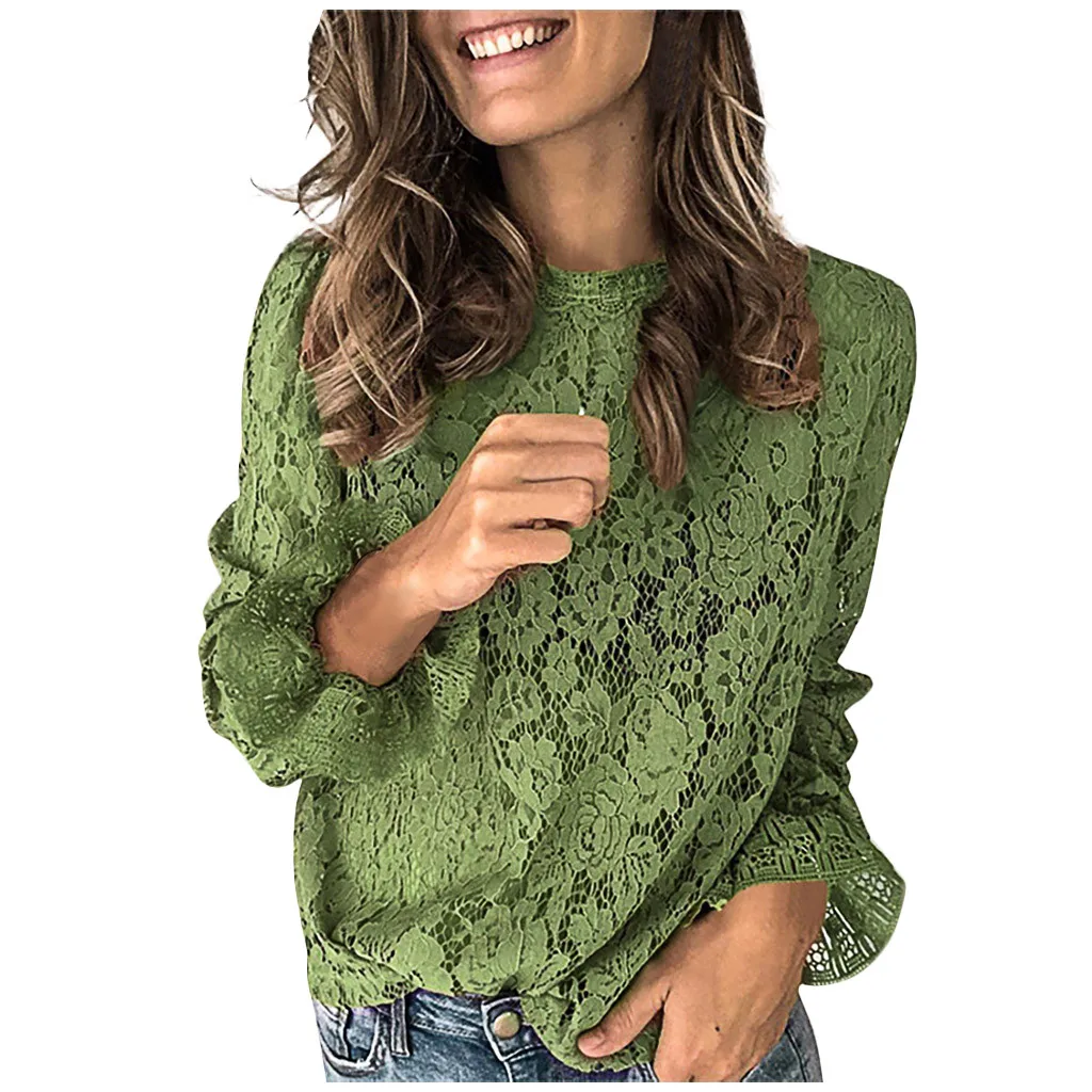 

Elegant Women tops and blouse Sexy Solid Long Sleeve Flare Sleeve Hollow O-Neck Lace Blouse Tops blusas mujer de moda 2020 #35