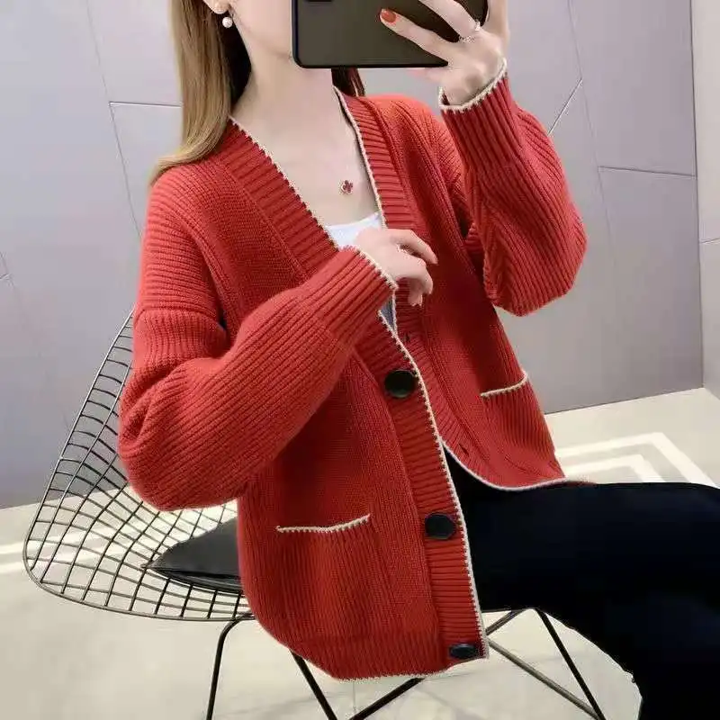 

Korean Cardigan Women'sV-neck Knitted Sweater Jacket Long Sleeve Top Single-breasted Small Fragrant Wind All-match Women Sweater