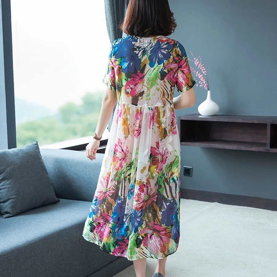 

2021 Vintage Floral Mulberry Silk Dress Spring Summer 4XL Plus Size Print Runway Midi Dress Elegant Women Bodycon Party Vestidos