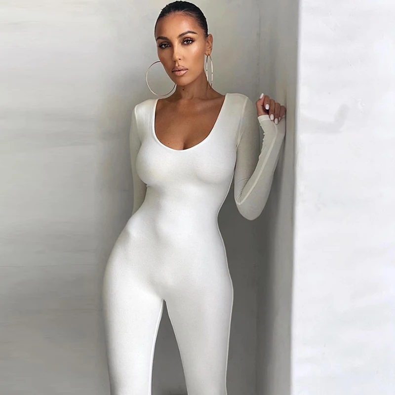 

Europe and the United States spring 2021 women's new low collar tight sleeve high waist solid color sports fitness jumpsuit