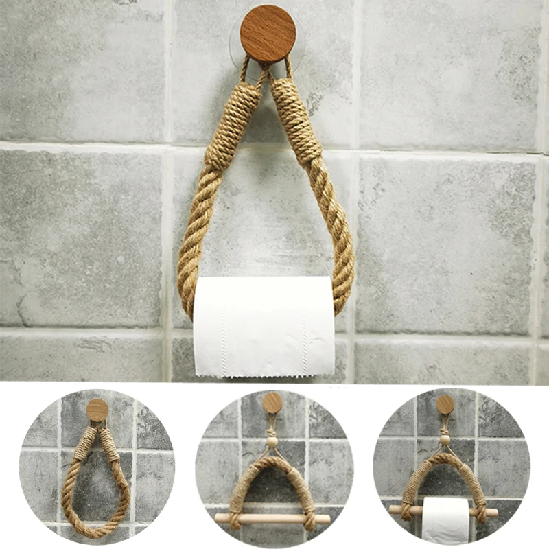 

Vintage Towel Hanging Rope Suction Cup Wall Mounted Natural Toilet Paper Holder for Hotel Home Bathroom Supplies Storage Rack