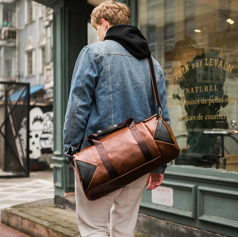 

Retro Male Travel Bag Handbag Crazy Horse PU Leather Sport Duffle Bags For Short Hiking Men Business Shoulder Bags Bucket