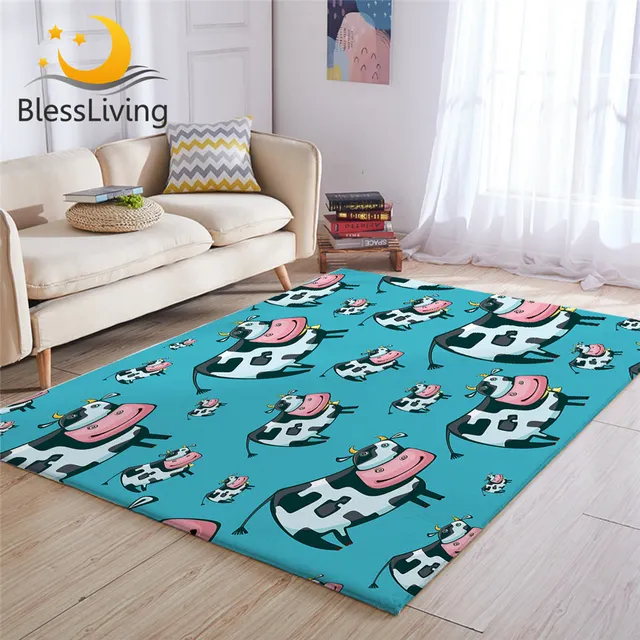 BlessLiving Milk Cow Large Carpet for Bedroom Cartoon Animal Floor Mat Watercolor Soft Area Rug Pink Mouth Tapis Chambre 91×152 1