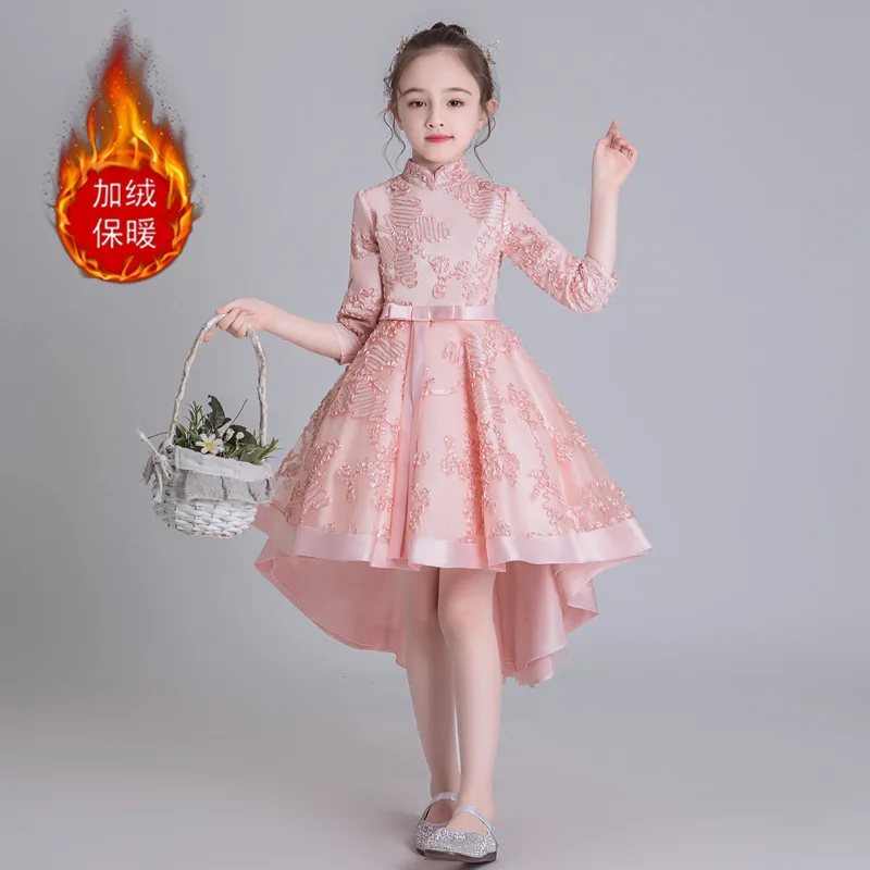 Pink Plus velvet Осенняя одежда со шлейфом для выступлений платье принцессы для девочек детское платье Чонсам детское платье с рукавами - Цвет: Pink Plus velvet