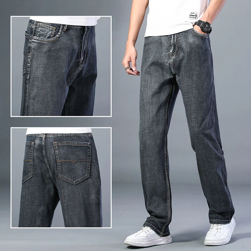 

Luren 2021 Men Thin Blue Grey Jeans Summer 7 Colors Available Advanced Stretch Loose Straight Casual Pants Brand Plus Size