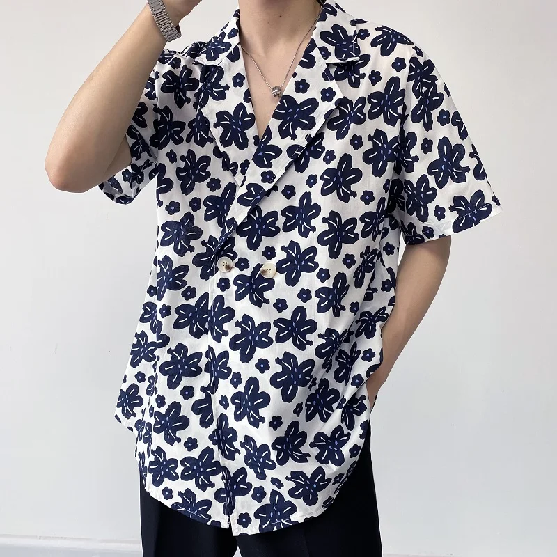 

Summer Shirts Men's Loose Casual Short Sleeve Flower Shirts Tops Male Korean Harajuku Streetwear Vintage Fashion Blouse Shirt