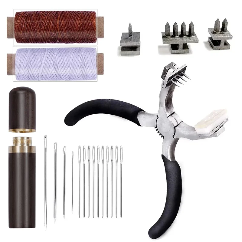 

LMDZ Stitching Hole Punch BUTUZE, 4mm Silent Rhombus Leather Hand Pliers with Leather Needle, Wooden Needle Case, Waxed Thread