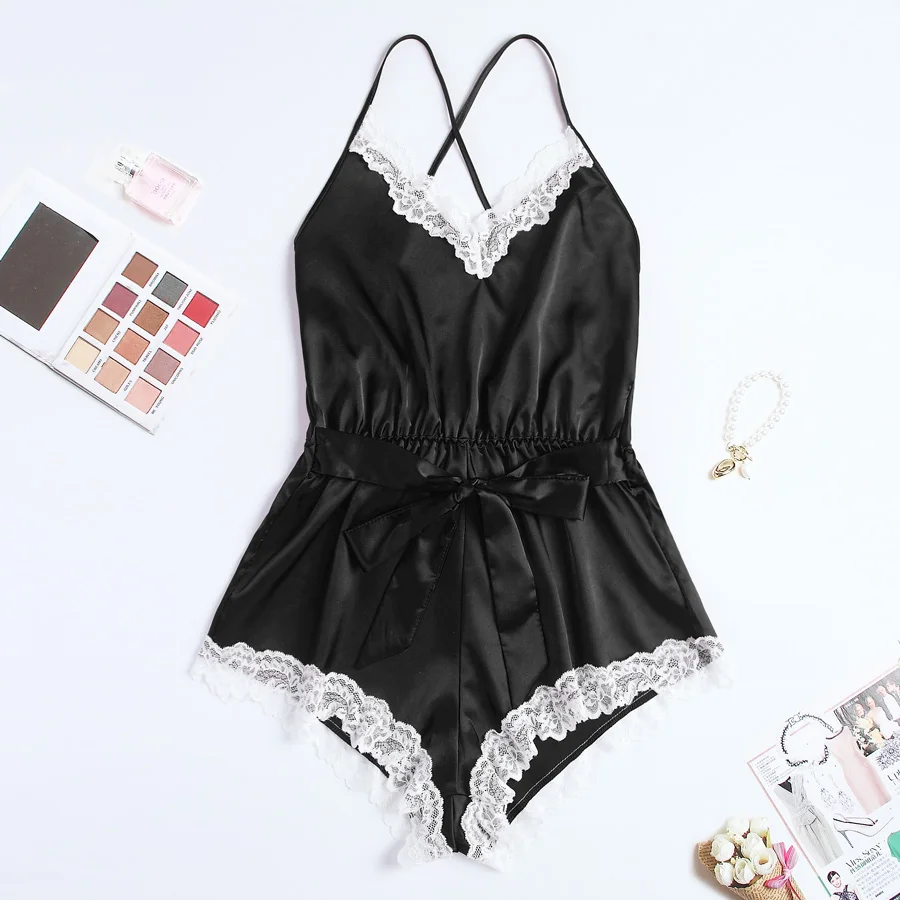 

Sexy romper elegant bodysuits satin pajamas belt playsuit casual holiday body mujer jumpsuits comfy nightdress