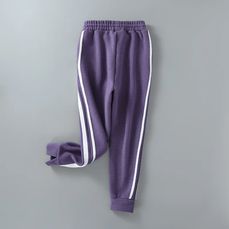 Light Purple Осенне-зимние утепленные штаны с мехом для женщин, Свободные повседневные спортивные джоггеры, женские полосатые штаны - Цвет: Light Purple
