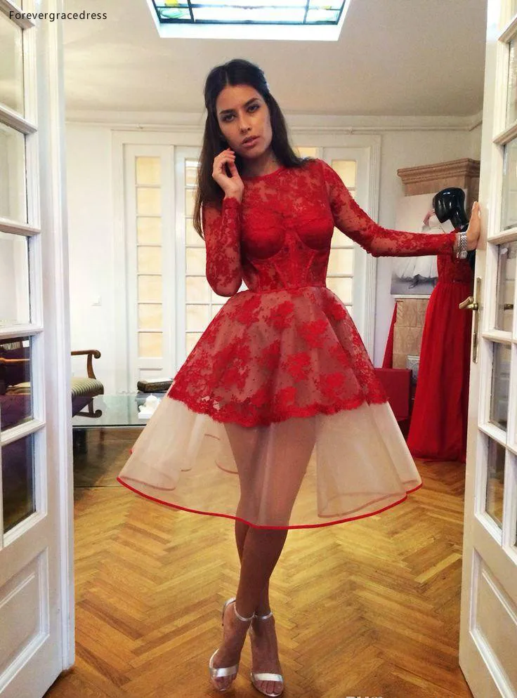 PICTURE COLOR Недорогое красное коктейльное платье с длинными рукавами а-образное кружевное платье для подростков милое 15 платье на выпускной вечер плюс размер - Цвет: PICTURE COLOR