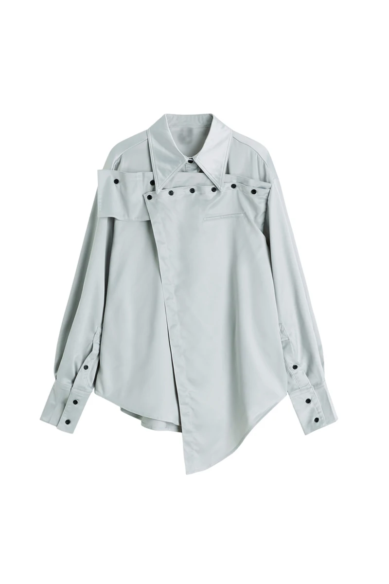 

IEQJ 2021 new summer fashion women clothes turn-down collar full sleeves buttons spliced asymmetrical cotton shirt WR40206L