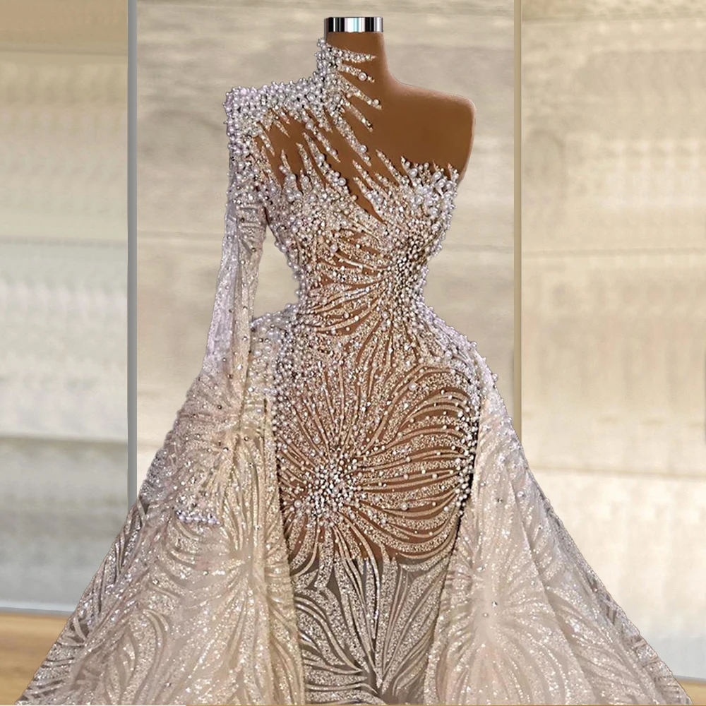 Glitter Sparkly Middle East Bridal Wedding Dress One Sleeve Saudi Arabia Pearls Glitter abendkleider 2021