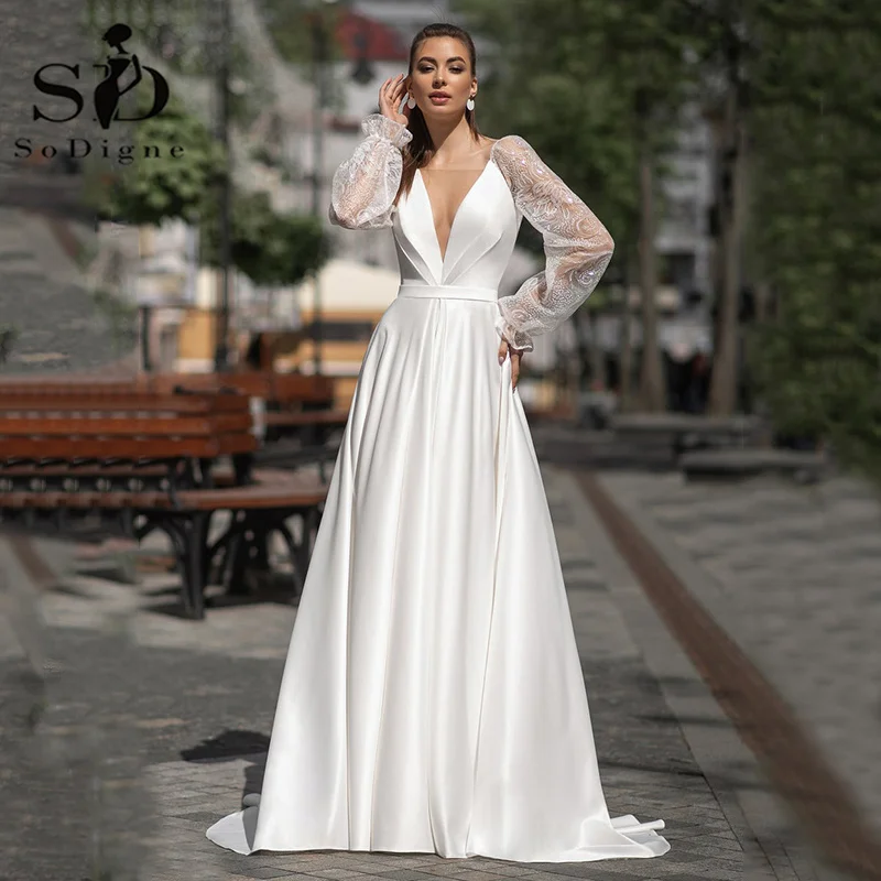 Купи SoDigne Boho Wedding Dresses Long Sleeves V Neck Simple A-line Satin Belt Sash Wedding Dress Sexy Backless Pincess Bridal Gown за 4,931 рублей в магазине AliExpress