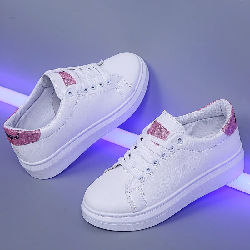 

Women Casual Sneakers Spring Summer Anti-Slip Sequins Women's White Breathable Flats Female Platform Lace-up Vulcanized Shoes