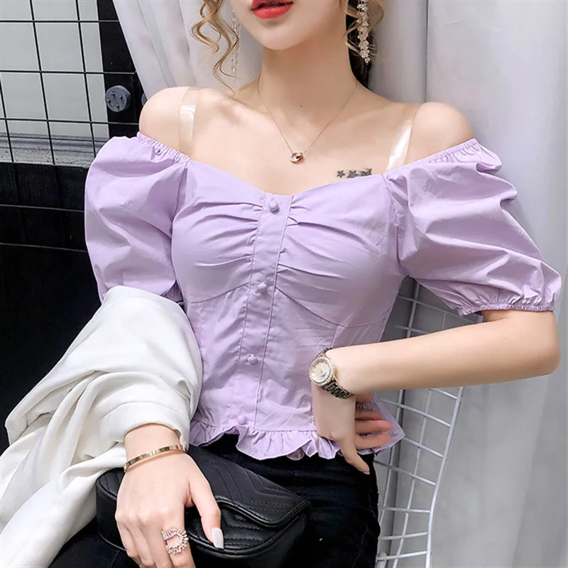 

POUNGDUDU 2021 Summer Women's Shirt Female Tops For Women's Blouse Sweet Girl Slim Puff Short Sleeve Gentle Sexy Office Lady