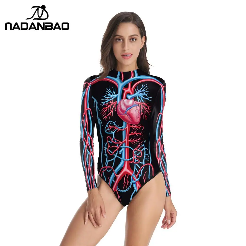 

NADANBAO 2020 New Long Sleeve Halloween Sexy One Piece Swimsuit Printed Sport Swimwear Swimming Suit for Women
