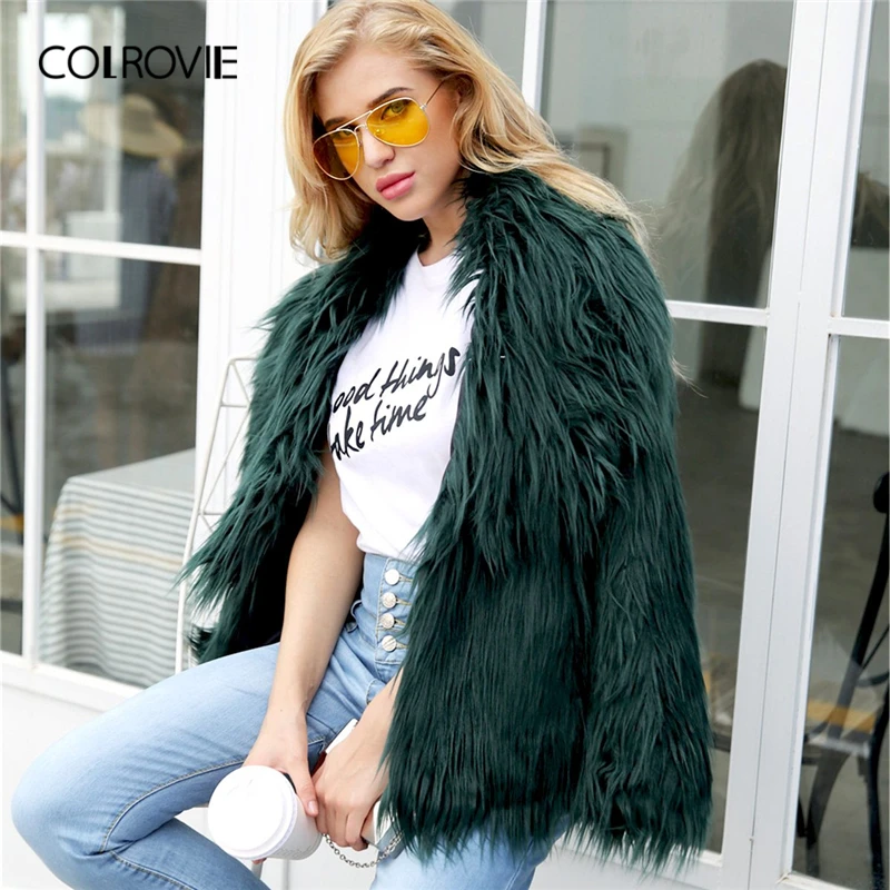 COLROVIE/однотонная верхняя одежда из искусственного меха; женские зеленые Элегантные Осенние пальто с открытым передом; модное пальто с воротником-водопадом; зимняя верхняя одежда