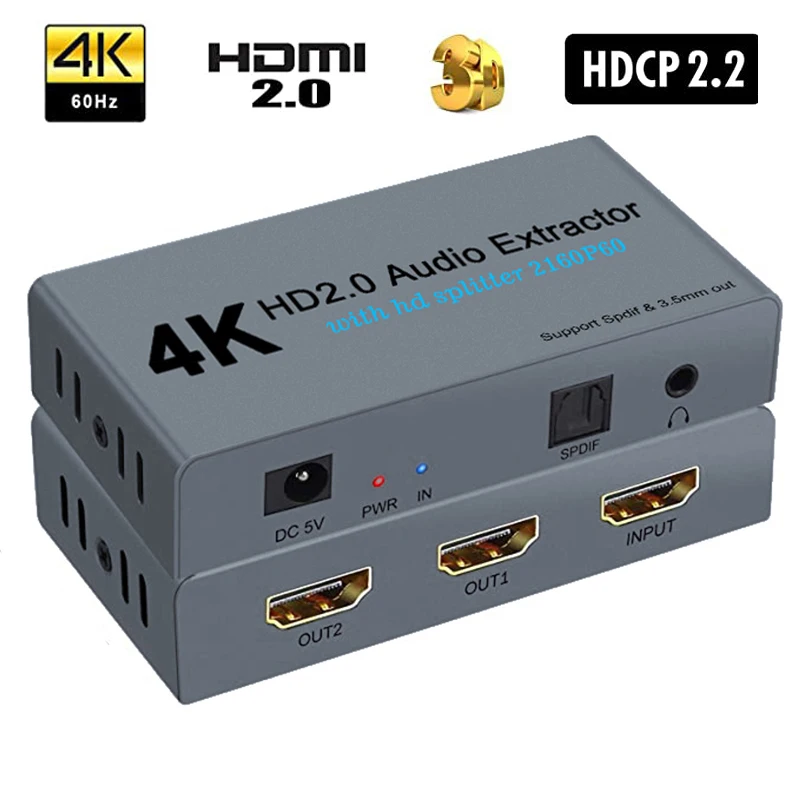 

HDCP2.2 HD Audio Splitter 1x2 4K 3D HDMI-compatible 2.0 Audio Extractor with SPDIF 3.5mm Audio Output Supports 2.0CH and 5.1CH