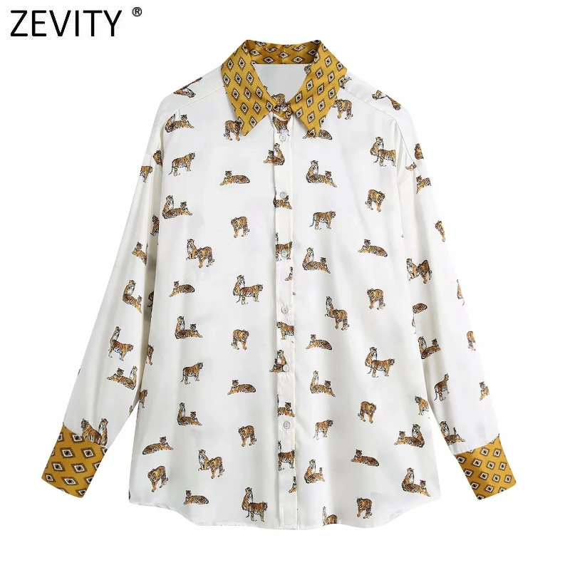 Женская винтажная атласная блузка Zevity 2021 с отложным воротником и принтом в стиле