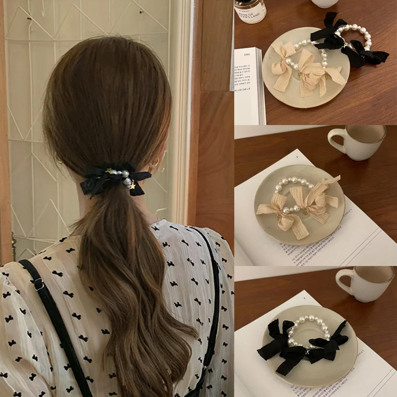 

Ruoshui Woman Elegant Bowknot Pearl Ribbon Hair Ties Scrunchies Rubber Band Women Girls Hair Accessories Rope Ring Headwear