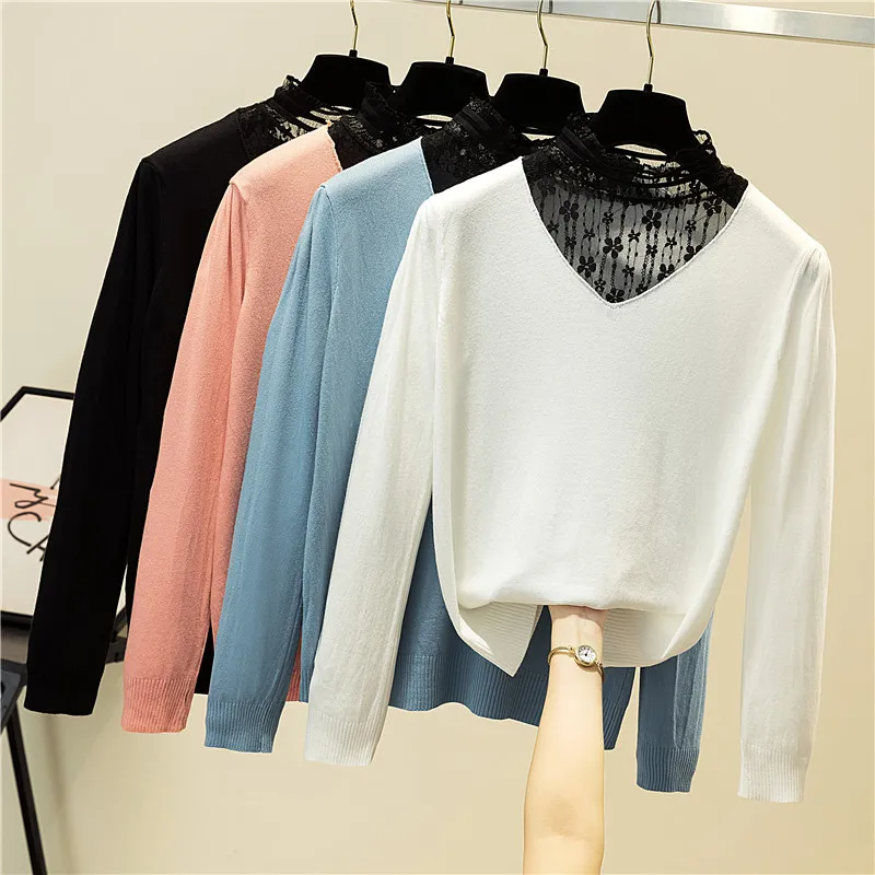 

Autumn and Winter Womens Sweaters Fashion Lace Mock Turtleneck Computer Knitted Woman Sweaters Slim Fit Lady Sweaters