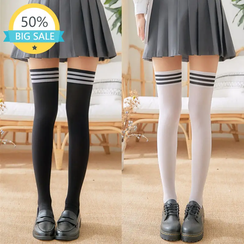 

Striped Cute White Black Thigh High Socks Medias Largas Stockings Women Skarpetki Damskie Sexys Mujer Meias Divertidas Lolita