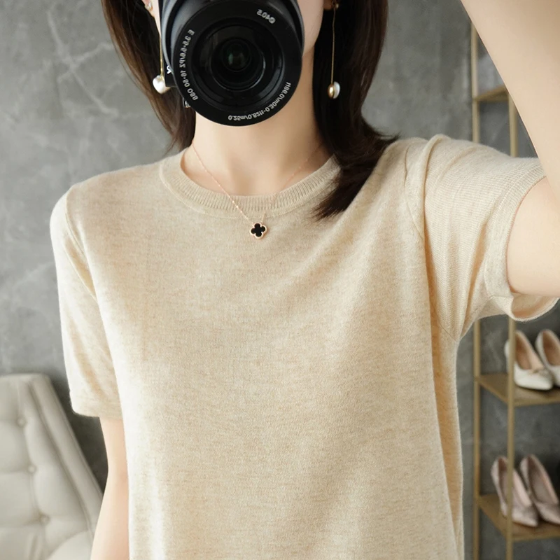 

Wool Thin T-Shirt Women' Pure Wool Short-Sleeved Round Neck Bottoming Shirt 2021 Summer Short Knit Pullover All-Match Female Top