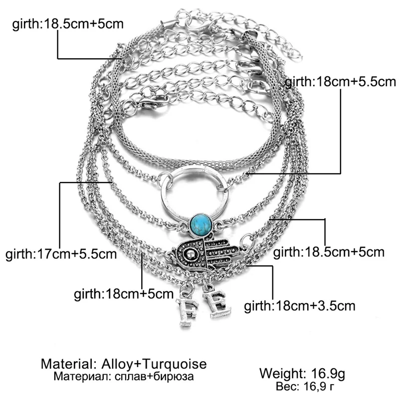 Женский винтажный браслет в стиле бохо серебряный на цепочке с подвеской виде