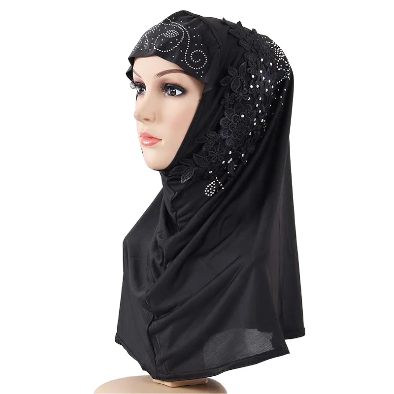

New lace Fashion Women Muslim Headscarf Solid Cotton Flower Diamond Islamic Hijab Scarf Shawls and Wraps Ready To Wear Hijabs
