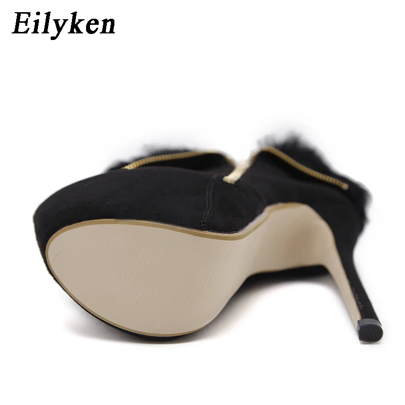 Eilyken; Новинка; модные черные короткие плюшевые ботинки; женские ботильоны на платформе и высоком каблуке на молнии; женская обувь; размеры 34-40