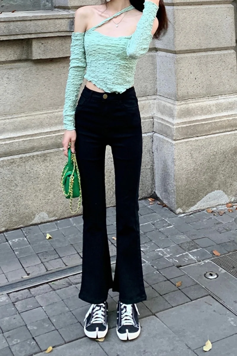 Черные Микро расклешенные брюки женские узкие прямые с высокой талией летние