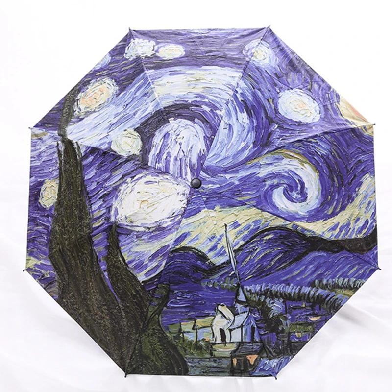 

Brand Folding Umbrella Female Windproof Paraguas Van Gogh Oil Painting Umbrella Rain Women Quality Black Coating Parasol