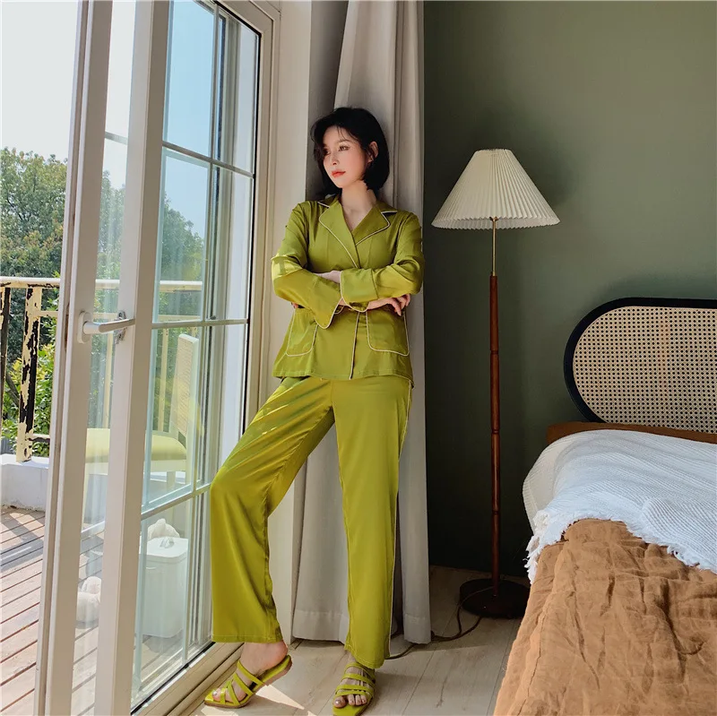 

Women Satin Solid Double-Breasted 2PCS Pajamas Suit Casual Turn-down Collar Shirt&Pant Autumn New Home Wear Fresh Sleepwear
