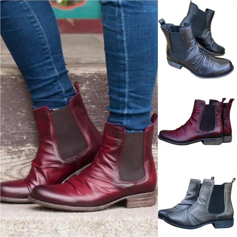 Womens Ankle Boots Chunky Sole Low Block Heel Chelsea Shoes Office Casual Ladies