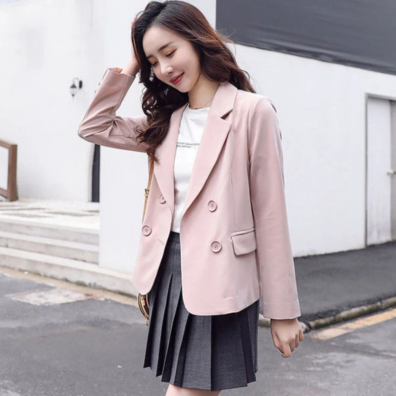 

FTLZZ New Spring Autumn Office Lady Double Breasted Notched Pink Blazers Women Casual Slim Buttons Long Sleeve Solid Black Coat