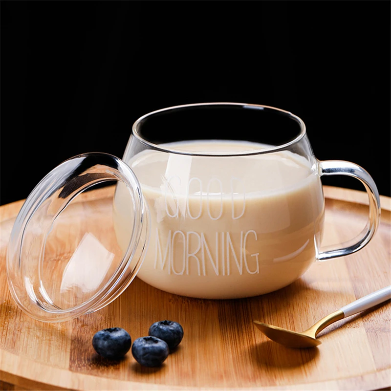 Стеклянная чашка для завтрака с ручкой крышкой большая емкость молока большого