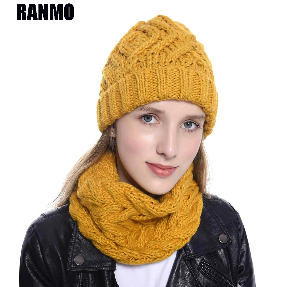 

RANMO Women Knitted Hat Scarf Set Plus Velvet Thicken Warm Wool Beanie Scarf For Girls Autumn Fashion Female Skullies Beanie Cap