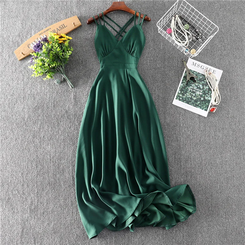 

Green Long Summer Dress 2021 Women Robe Elegant Party Dresses Sexy Backless Strap Beach Dresses Evening Prom Vestidos