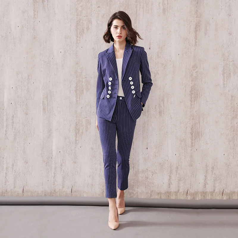 

Women's striped double-breasted suit women Slim suits 2 piece set blazer trousers female casual wear suits women's trouser suits