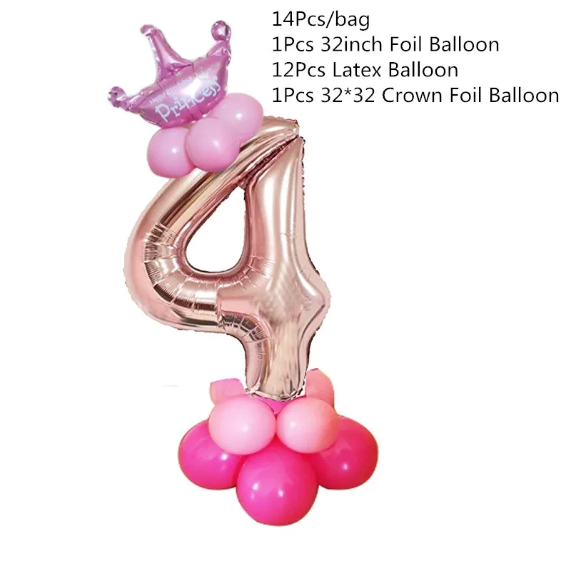 14Pcs Chicinlife 4th Happy Birhday Декор номер Синий Розовый 4 фольги шар корона шляпа дети мальчик девочка 4 года День рождения принадлежности - Цвет: 14Pcs