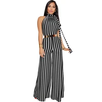 women fashion striped backless jumpsuit romper office lady sleeveless halter elegant wide leg jumpsuits loose casual overalls
