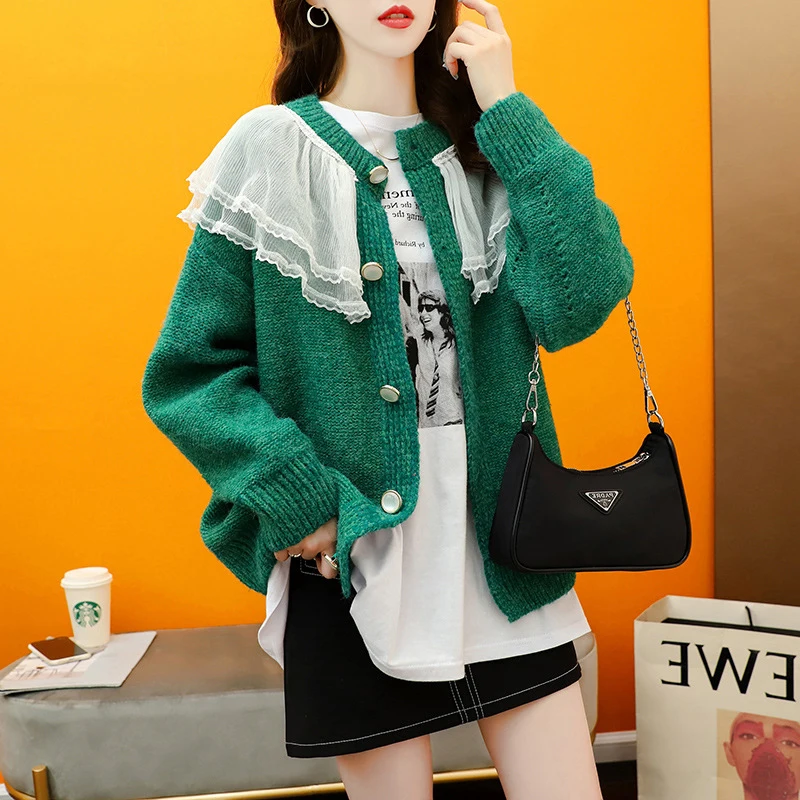 

Женский кардиган с круглым вырезом, длинным рукавом и оборками