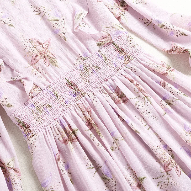 

Europe Fashion Woman Clothes 2021 Spring Runway Designers Ruffle Floral Print Long Chiffon Dresses Bohemian Beach Vestidos Pink