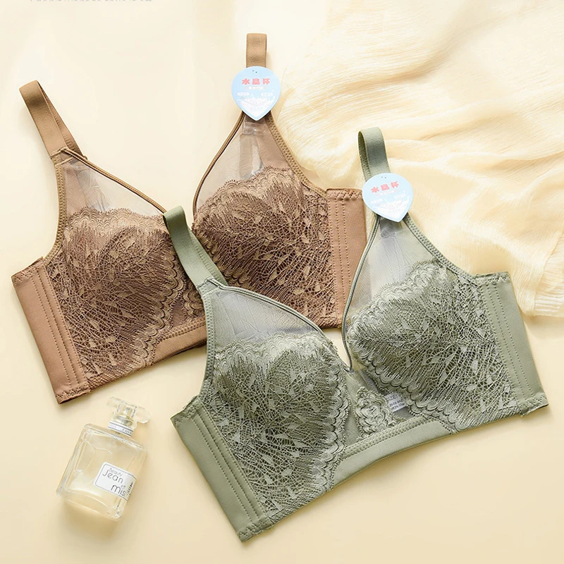 

Wasteheart Sexy Back Women Green Wireless Lace Bow Padded Bras Push Up Female Bras Bralette Cup 90 B C Underwear Plus Size