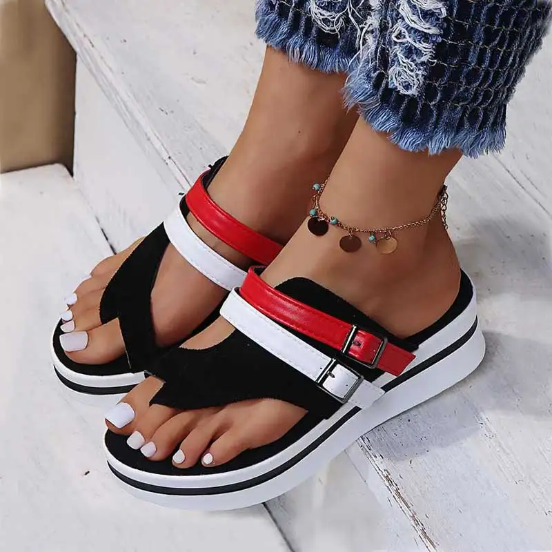 

Women Slip-On Sandal Flip Flops Shoes Color Matching Wedge Platform Female Thick Bottom Slippers 2021 Summer Ladies Casual Shoe