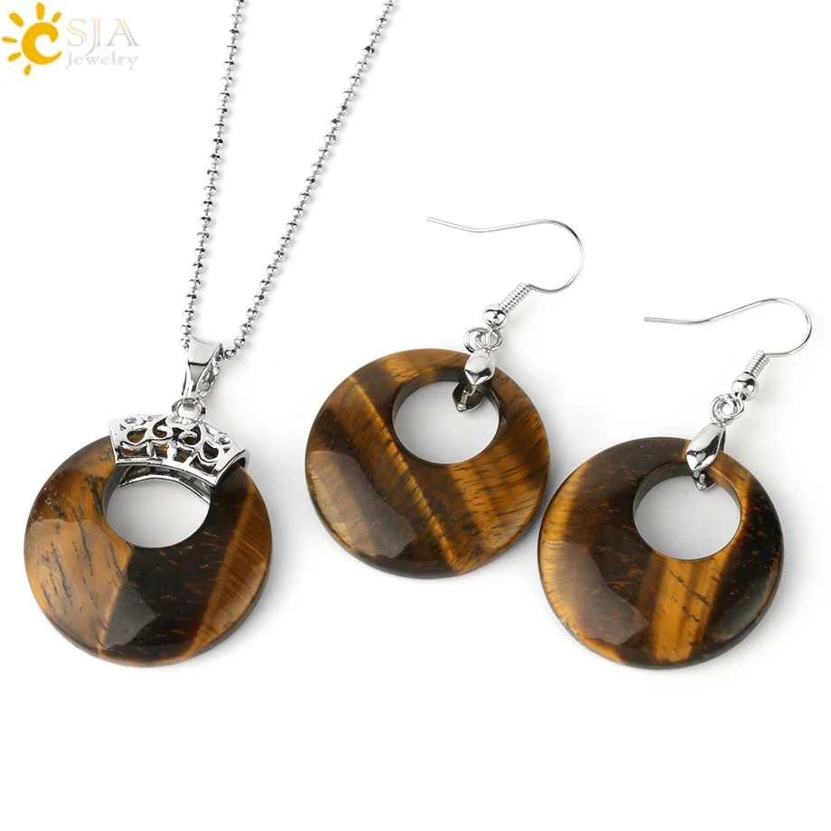 Tiger Eye CSJA Ювелирные наборы для женщин натуральный полый круглый камень оникс унакит Фиолетовый Кристалл Опал серьги ожерелья Исцеление E568 - Окраска металла: Tiger Eye