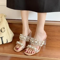 cold slippers with thick heels womens summer fashion wear 2021 new transparent open toe sandals women summer pearl high heels