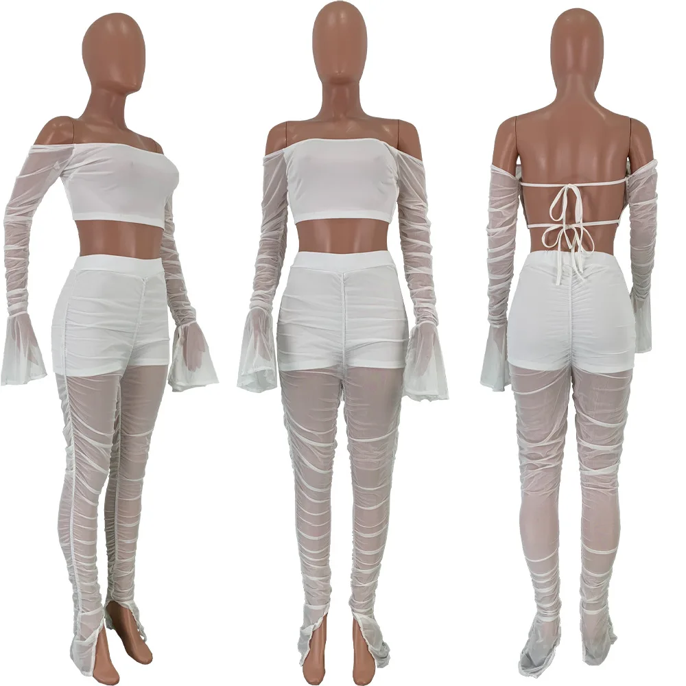 

New nightclub sexy mesh perspective pleat set two-piece women's wear